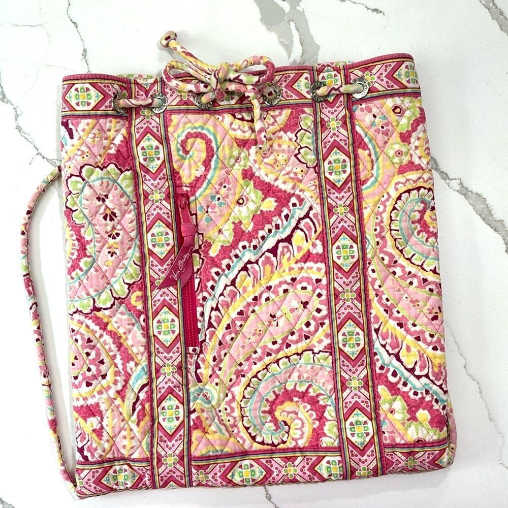 Vera Bradley Capri Melon Pink Quilted Backpack Knapsack Cinch Tote Bag Retired